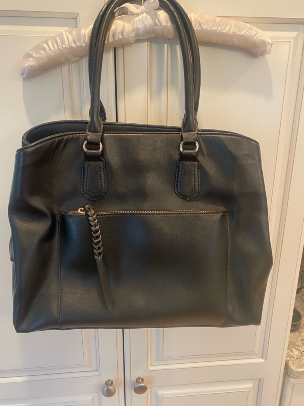 Kelly & Katie Black Faux Leather Tote with Front Zip Pocket